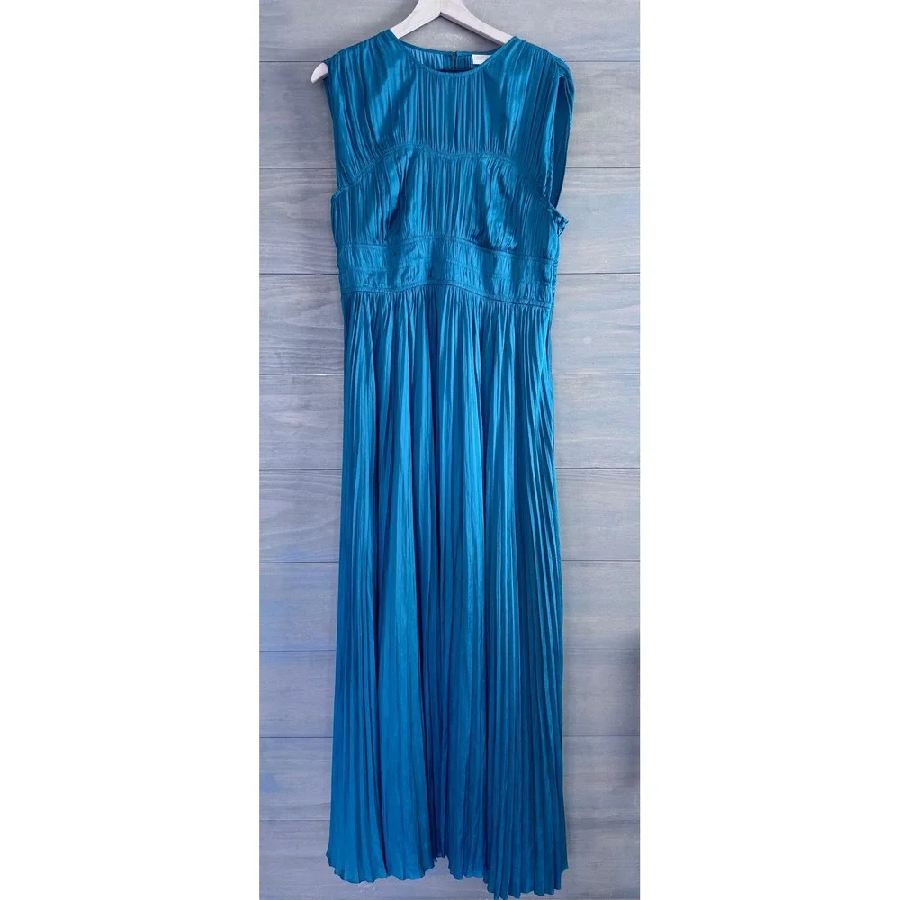 Ulla Johnson Delia Gown Jadeite Green Pleated Satin Maxi Dress Sleeveless Gown - Picture 7 of 10